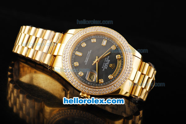 Rolex Day-Date II Automatic Movement Full Gold with Double Row Diamond Bezel-Black MOP Dial and Diamond Markers - Click Image to Close
